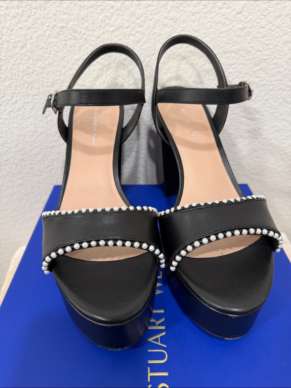 Stuart Weitzman Black Pearl-Trim Platform Sandals size 9